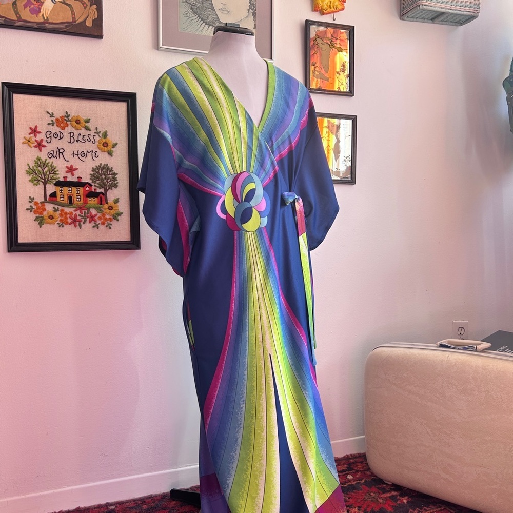 Vintage 1970s Psychedelic Art Deco Maxi Dress Abstract Print Wrap Style